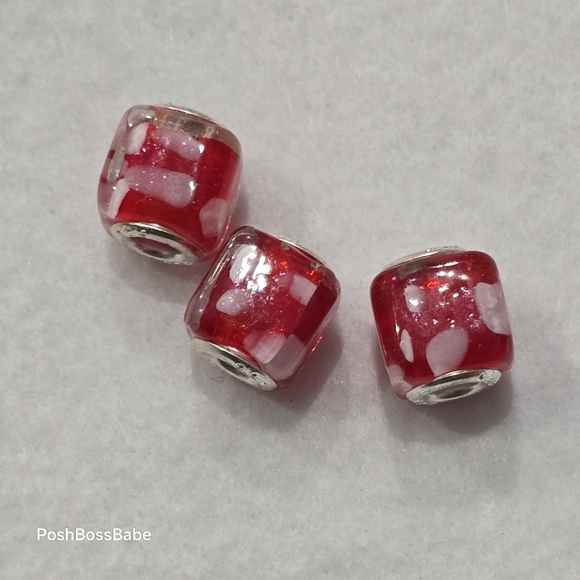 Set of 3 Red & White Polka Dot Murano Glass Square European Beads – 925 Sterling - Picture 7 of 7